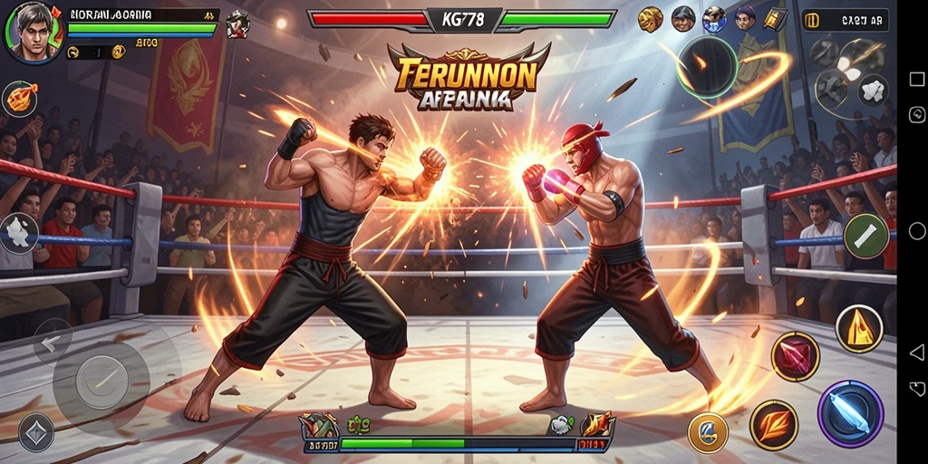 Tampilan screenshot menunjukkan pertarungan seru antara karakter di arena.