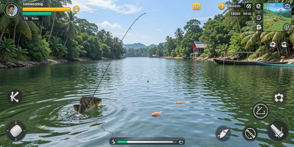 Screenshot gameplay V07, menangkap ikan di lokasi indah.